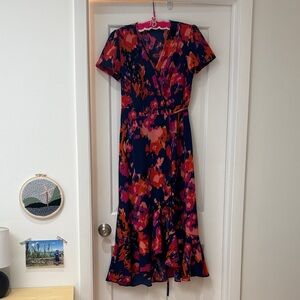 Navy Floral Wrap  Midi Dress with Pink & Orange Print